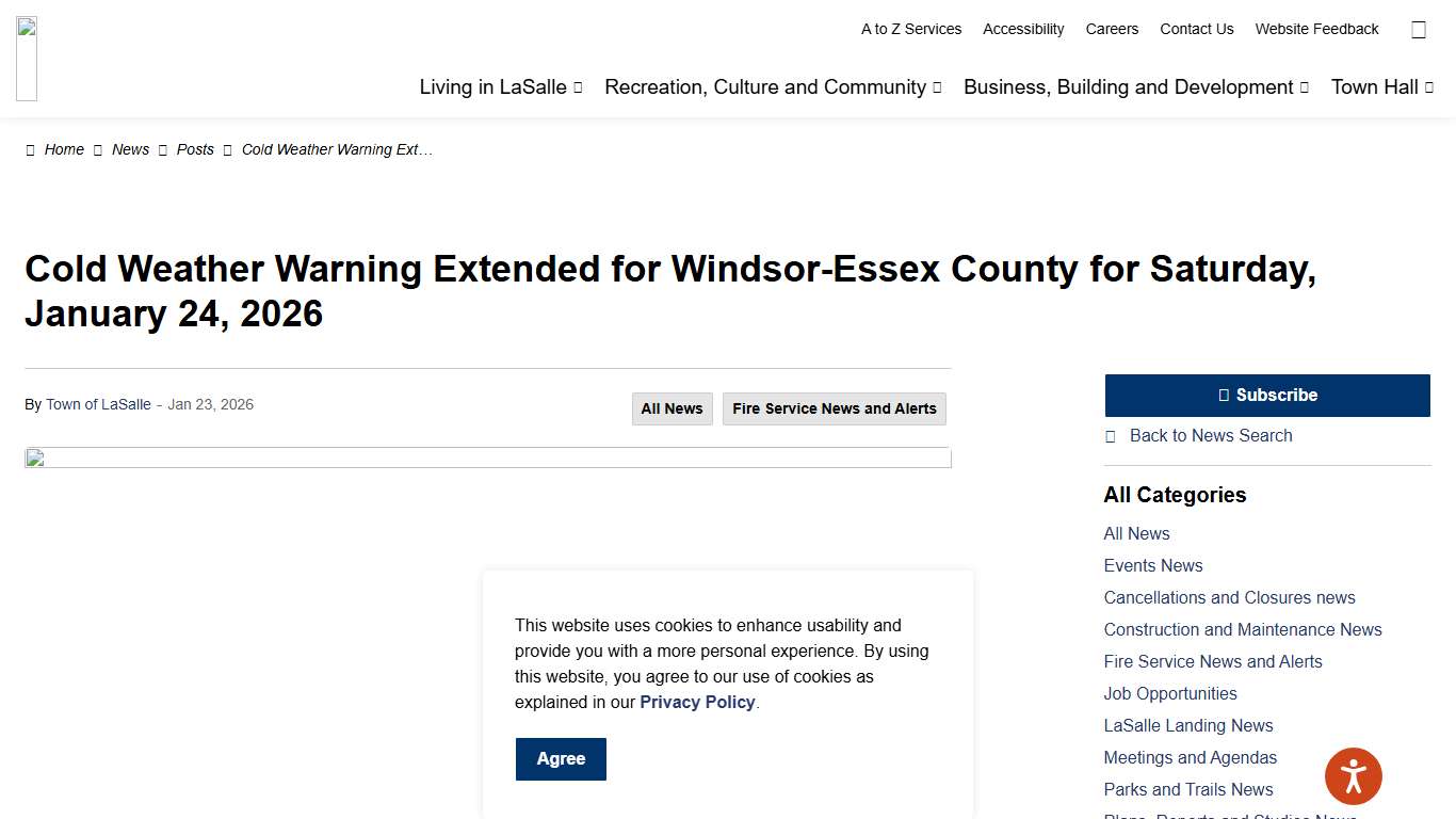 Cold Weather Warning Extended for Windsor-Essex County for Saturday, January 24, 2026 Town of LaSalle